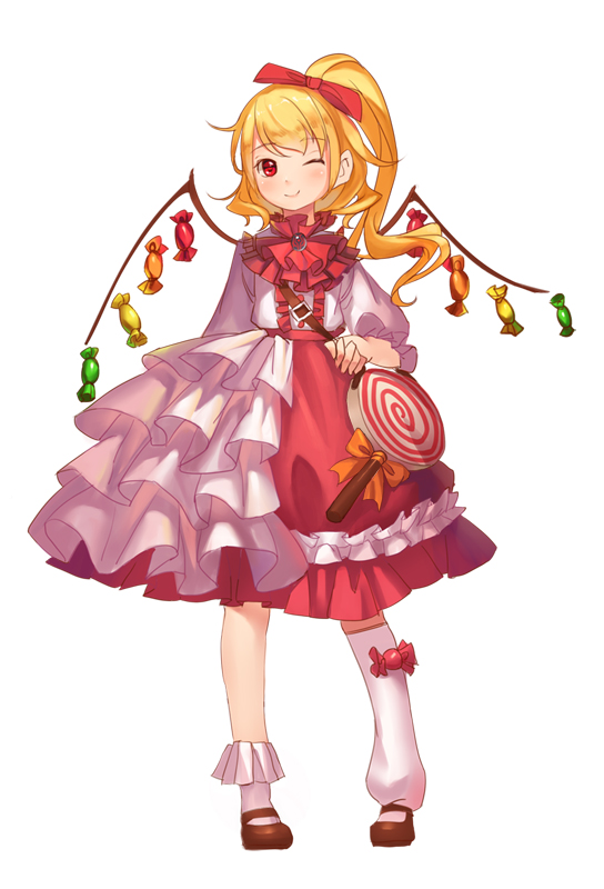 alternate_costume asymmetrical_clothes asymmetrical_legwear blonde_hair bow candy flandre_scarlet food full_body hair_bow long_hair long_sleeves looking_at_viewer mary_janes mio-muo1206 one_eye_closed red_eyes ribbon shoes side_ponytail simple_background smile solo touhou white_background white_legwear wings