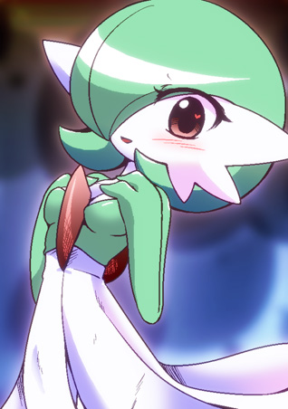 breasts gardevoir gen_3_pokemon green_hair hair_over_one_eye hands_on_own_chest heart looking_at_viewer lowres medium_breasts no_humans open_mouth pokemon pokemon_(creature) red_eyes shiratsuki short_hair smile