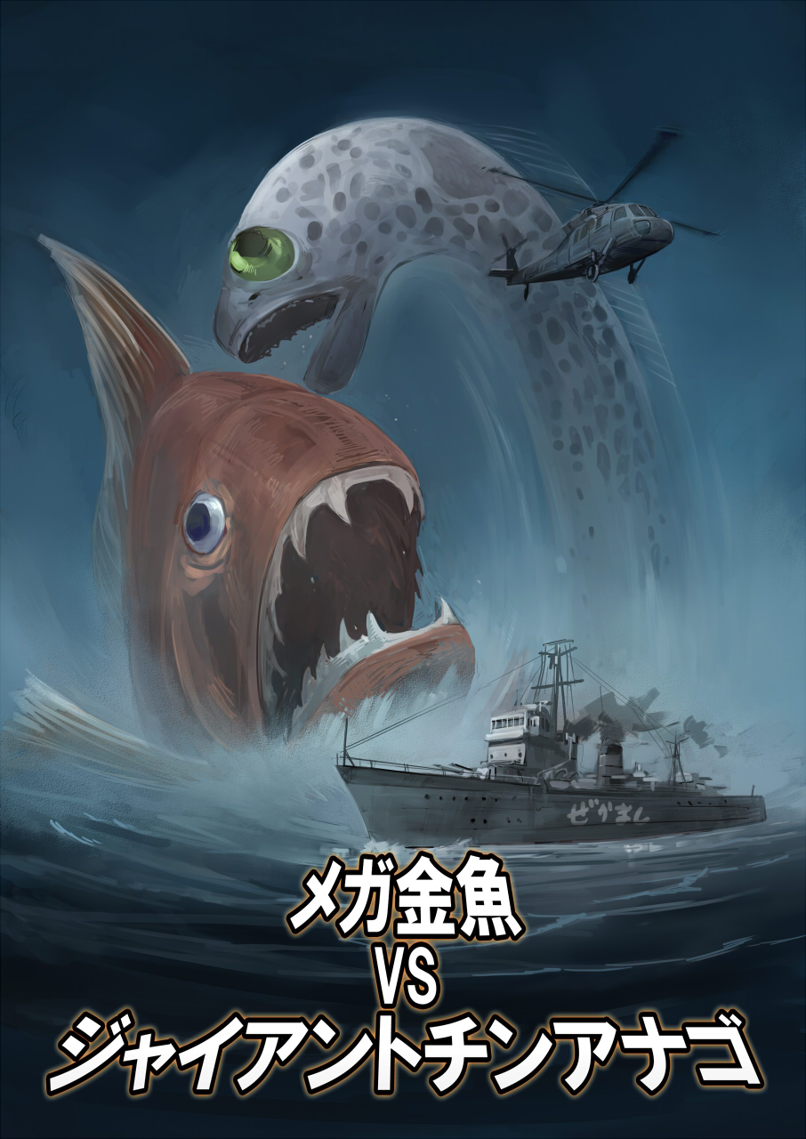 fish goldfish helicopter highres military military_vehicle no_humans ocean original seo_tatsuya shimakaze_(destroyer) ship translated uh-60_blackhawk warship watercraft