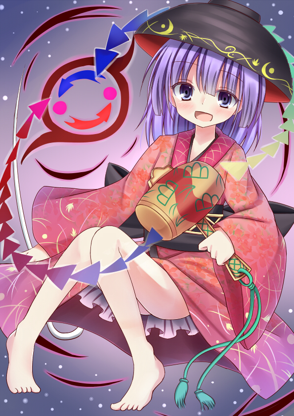 :d bare_legs barefoot bowl directional_arrow esureki floral_print gradient gradient_background hime_cut japanese_clothes kimono knees_together_feet_apart knees_up lavender_eyes lavender_hair light_particles long_hair long_sleeves looking_at_viewer mallet miracle_mallet needle obi open_mouth reclining sash short_hair short_kimono smile solo sukuna_shinmyoumaru touhou wide_sleeves