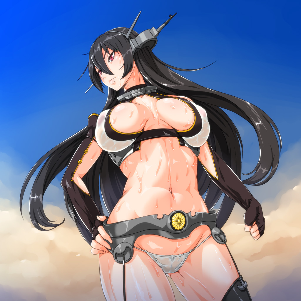 black_hair breasts fingerless_gloves from_below garter_straps gloves groin hairband hand_on_hip headgear jt_dong-agyoku kantai_collection large_breasts long_hair nagato_(kantai_collection) navel no_pants panties red_eyes solo thighhighs underwear water wet