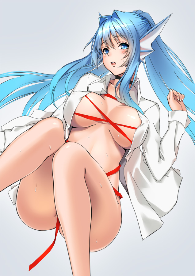 blue_eyes blue_hair blush bottomless breasts censored choker convenient_censoring dress_shirt fins head_fins large_breasts lintanghaseo long_hair long_sleeves lying on_back open_clothes open_shirt original ribbon shirt solo split_ponytail sweat