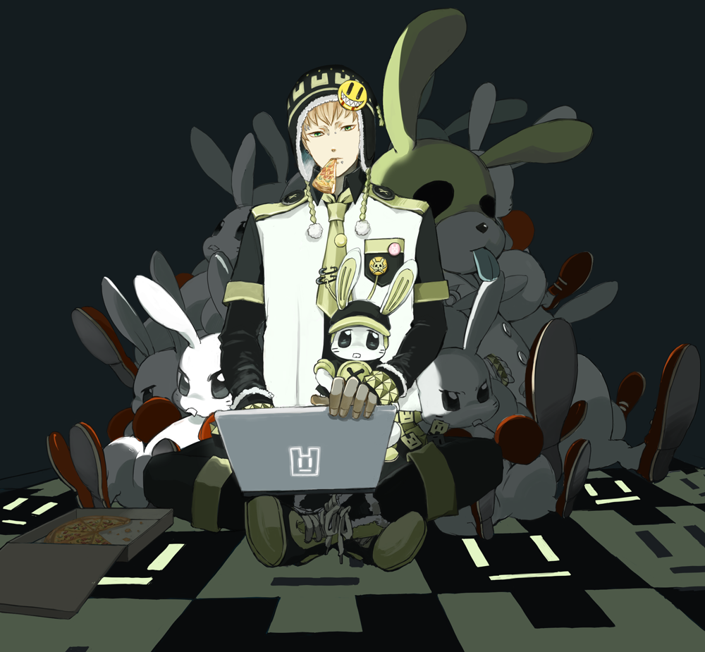 bad_id bad_pixiv_id badge barbell_piercing blonde_hair boots buck_teeth bunny button_badge buttons computer cross-laced_footwear dramatical_murder food food_in_mouth green_eyes hat indian_style lace-up_boots laptop lip_piercing long_sleeves looking_at_viewer male_focus motorboots necktie no_eyebrows noiz_(dramatical_murder) nose_piercing piercing pizza pizza_box safety_pin screen_light sitting solo studded_bracelet stuffed_animal stuffed_bunny stuffed_toy tongue