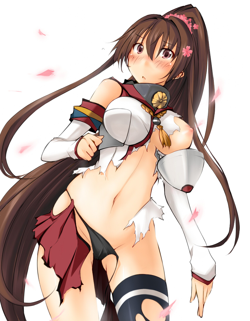 :o black_legwear black_panties blush breasts brown_eyes brown_hair cherry_blossoms flower full-face_blush hair_flower hair_ornament kaminagi_(kaminagi-tei) kantai_collection large_breasts long_hair nipples panties petals pleated_skirt ponytail shirt simple_background single_thighhigh skirt solo thighhighs torn_clothes torn_panties torn_shirt torn_skirt underwear very_long_hair wardrobe_malfunction white_background yamato_(kantai_collection)