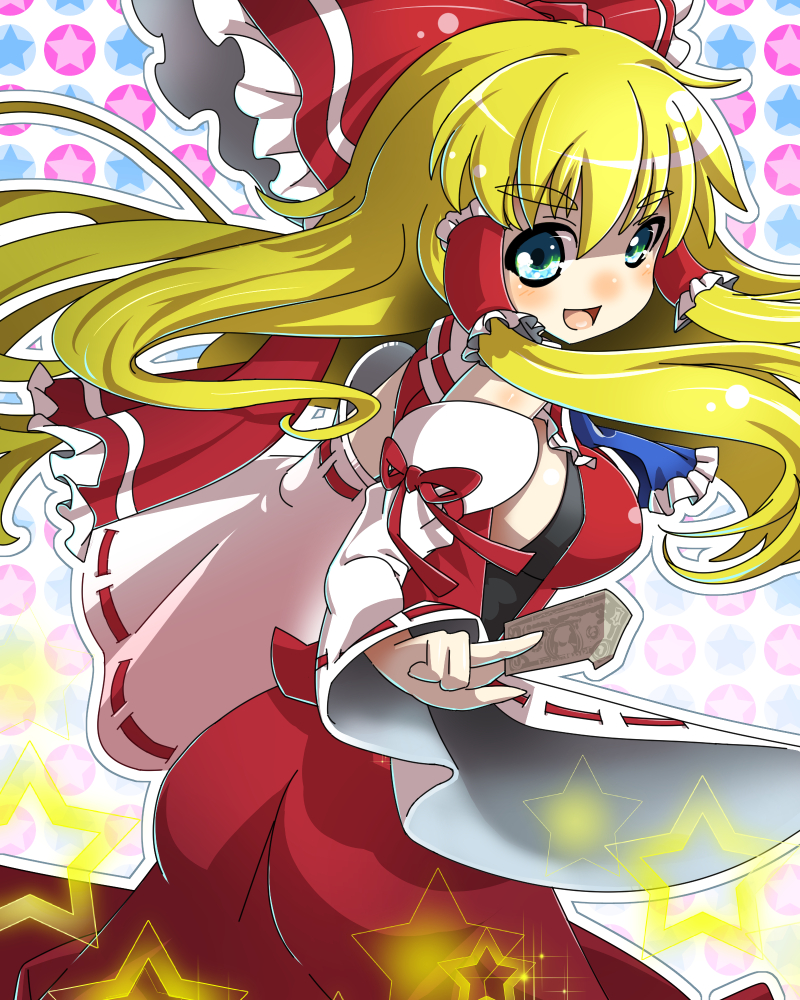 alternate_hair_color aqua_eyes ass blonde_hair bow breasts detached_sleeves dollar_bill dress hair_bow hair_tubes hakurei_reimu large_breasts long_hair long_sleeves looking_at_viewer looking_back money open_mouth red_dress smile solo spell_card star touhou umigarasu_(kitsune1963) very_long_hair wide_sleeves