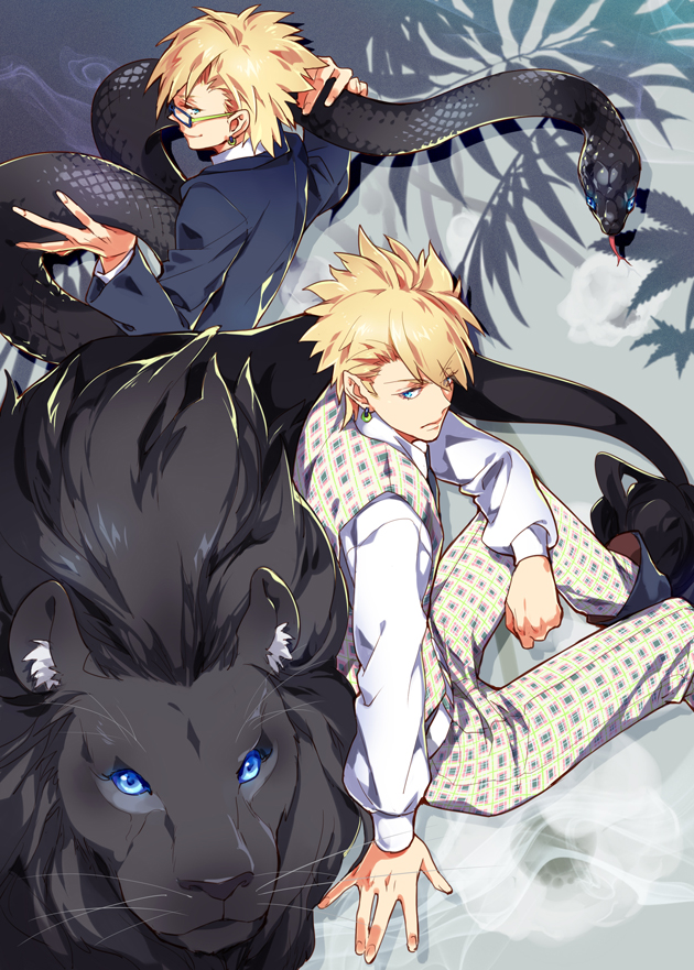 arm_support belt blonde_hair blue_eyes boots dramatical_murder dress_shirt earrings formal glasses jacket jewelry lion looking_at_another looking_away looking_back male_focus multiple_boys necktie pants plaid plaid_pants plaid_vest plant shadow shirt siruphial sitting snake spiked_hair suit trip_(dramatical_murder) vest virus_(dramatical_murder)