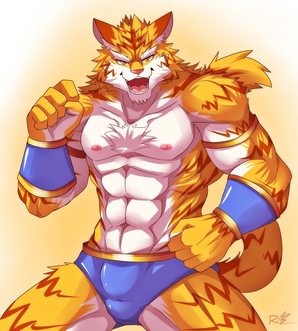 abs anthro biceps big_muscles body_markings brown_fur bulge chest_tuft fangs feline fur grin looking_at_viewer male mammal markings muscles nipples open_mouth orange_eyes pecs pink_nose pose rabbity smile solo speedo standing stripes swimsuit tan_fur teeth tiger toned tongue topless tuft white_fur wristband