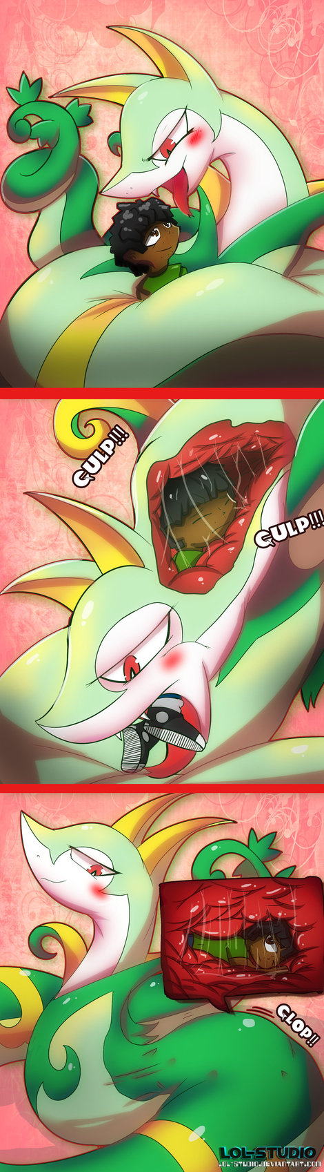 blush brown_eyes clothing comic eyes_closed fangs forked_tongue human inside lol-studio male mammal nintendo open_mouth pok&#233;mon pok&eacute;mon red_eyes reptile scalie serperior shy size_difference smile snake sneakers soft_vore stomach swallowing tongue tongue_out video_games vorarephilia vore