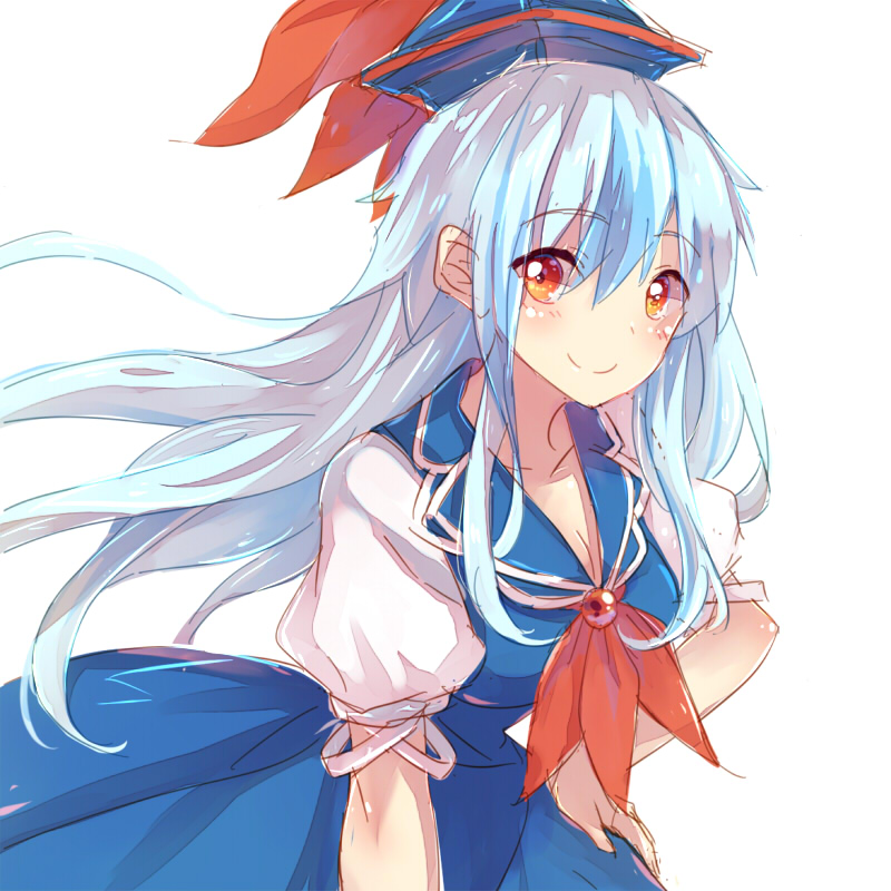 1girl blue_dress blue_hair bow breasts cleavage collarbone collared_dress dress eyebrows_visible_through_hair hair_between_eyes hand_on_hip hat kamishirasawa_keine lilith_(lilithchan) long_hair medium_breasts multicolored_hair neckerchief puffy_short_sleeves puffy_sleeves red_bow red_eyes red_neckwear short_sleeves silver_hair simple_background solo tokin_hat touhou two-tone_hair white_background