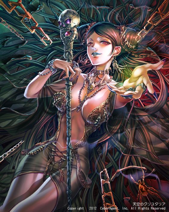 2012 banned_artist breasts chain colorful copyright_name dress earrings fingernails jewelry large_breasts lipstick long_hair looking_at_viewer makeup necklace parted_lips reaching red_eyes sharp_fingernails skull solo staff tenkuu_no_crystalia very_long_hair yoshii