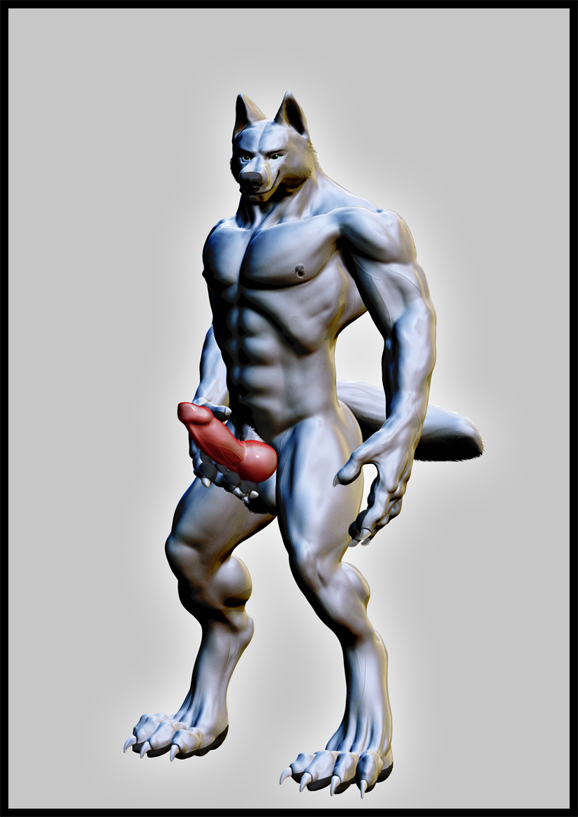 3d abs animal_genitalia anthro balls biceps big_muscles black_nipples black_nose canine canine_penis cgi claws erection fur green_eyes grey_background grey_fur grin knot male mammal muscles neocoiote nipple_piercing nipples nude pecs penis piercing plain_background pose presenting sheath smile solo standing toe_claws toned vein wolf