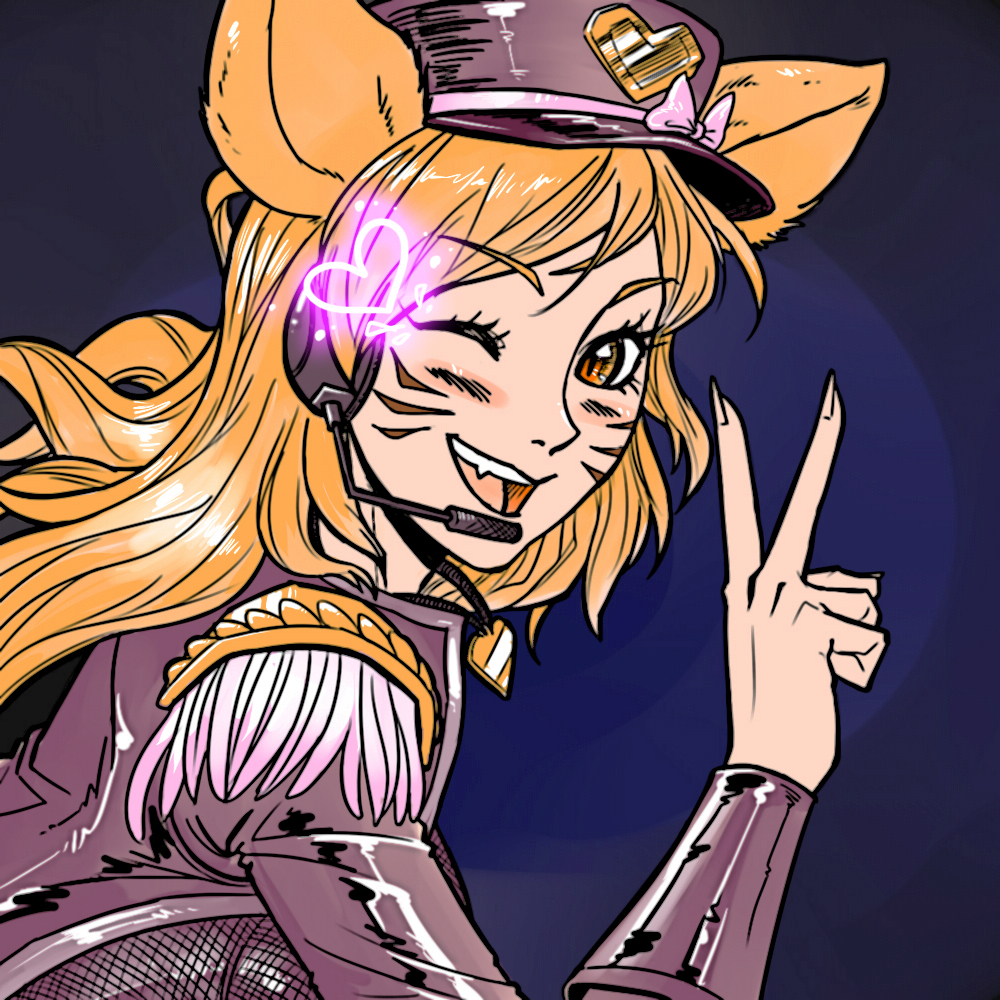 :d ;d ahri alternate_costume alternate_hair_color animal_ears blue_background blush bow breasts epaulettes facial_mark fang fingernails fox_ears from_side glowing gradient gradient_background happy hat hat_bow headset heart heart_necklace idol jacket jewelry league_of_legends long_fingernails looking_back medium_breasts necklace one_eye_closed open_clothes open_jacket open_mouth orange_eyes orange_hair peaked_cap popstar_ahri ranger_squirrel slit_pupils smile solo spoken_heart uniform v whisker_markings