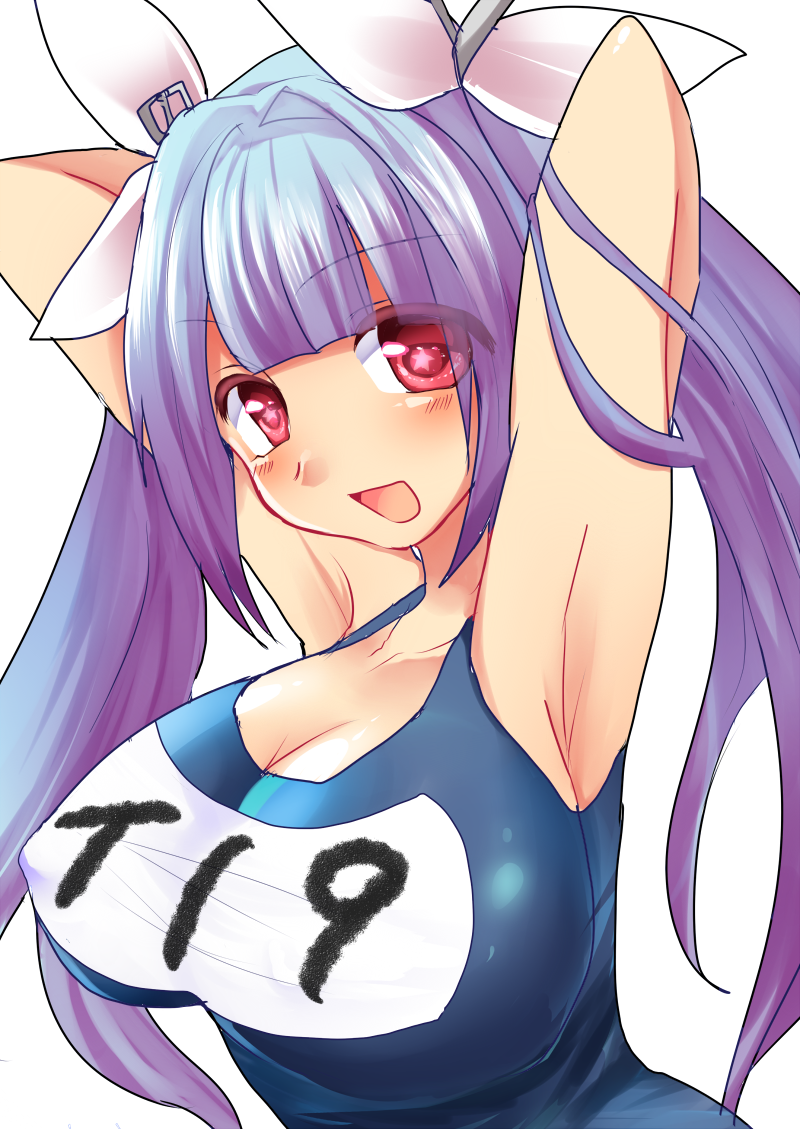 armpits arms_up blue_hair breasts i-19_(kantai_collection) kantai_collection large_breasts long_hair one-piece_swimsuit one_eye_closed red_eyes school_swimsuit solo star star-shaped_pupils swimsuit symbol-shaped_pupils tokoro_(1969) twintails