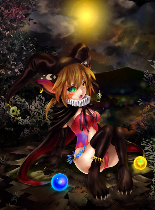 2008 animal_humanoid breasts brown_hair cat_humanoid claws clothed clothing feline female green_eyes hair humanoid jester_hat long_hair mammal night open_mouth outside sitting solo tetetor-oort