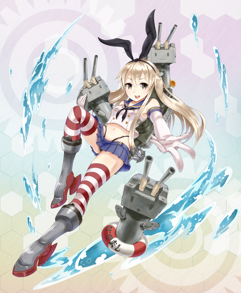 :3 bad_id bad_pixiv_id black_panties blonde_hair boots elbow_gloves gloves grey_footwear highres kantai_collection lifebuoy long_hair outstretched_arm outstretched_hand panties pleated_skirt rensouhou-chan shimakaze_(kantai_collection) skirt solo striped striped_legwear thighhighs toshi_gahara underwear