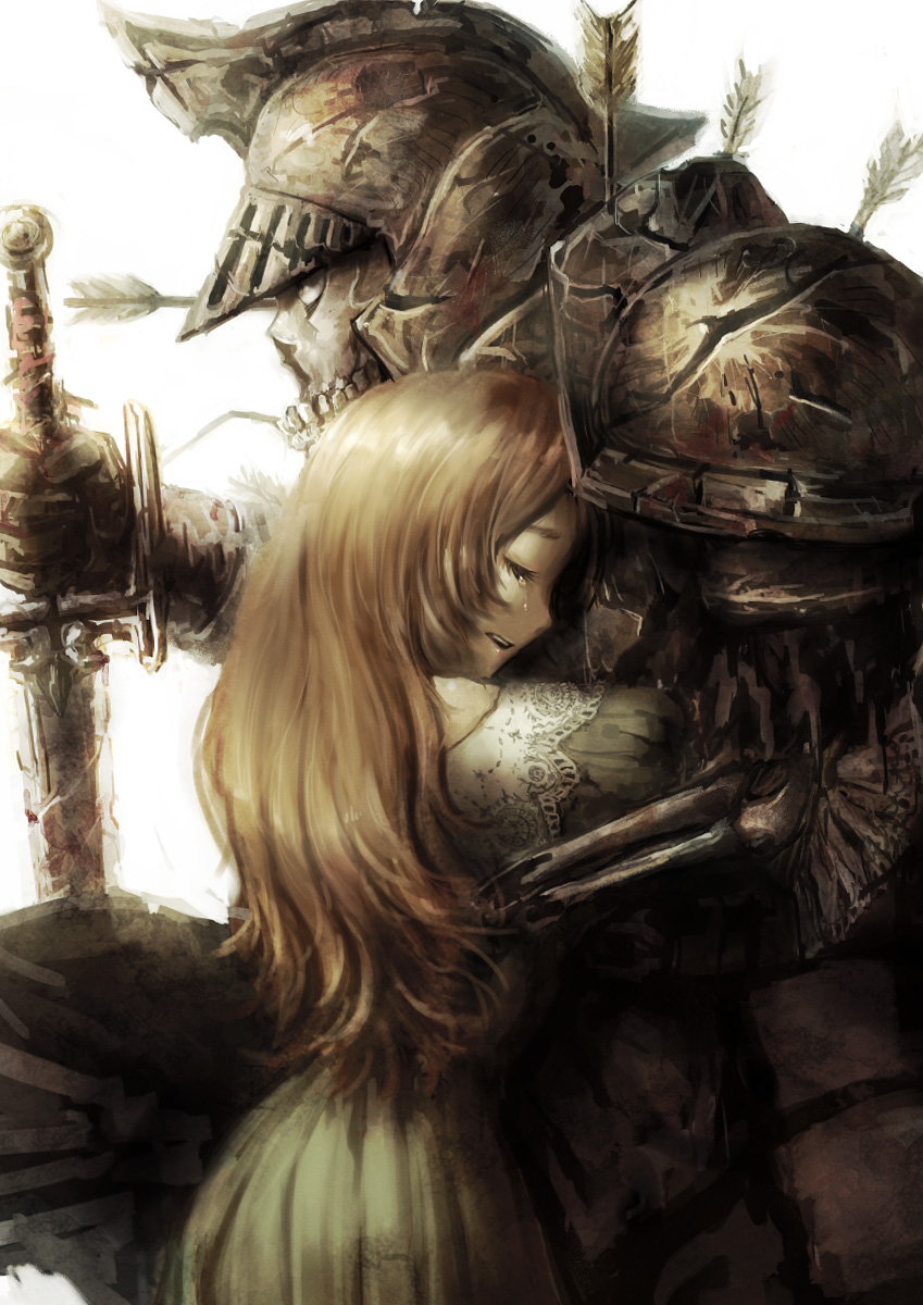 1girl armor arrow bad_id bad_pixiv_id blonde_hair broken brown_hair closed_eyes crack crying damaged death dress eyelashes from_side helmet highres holding holding_sword holding_weapon hug impaled knight lace long_hair nabenko off-shoulder_dress off_shoulder one_knee original parted_lips profile skeleton sword tears weapon white_background