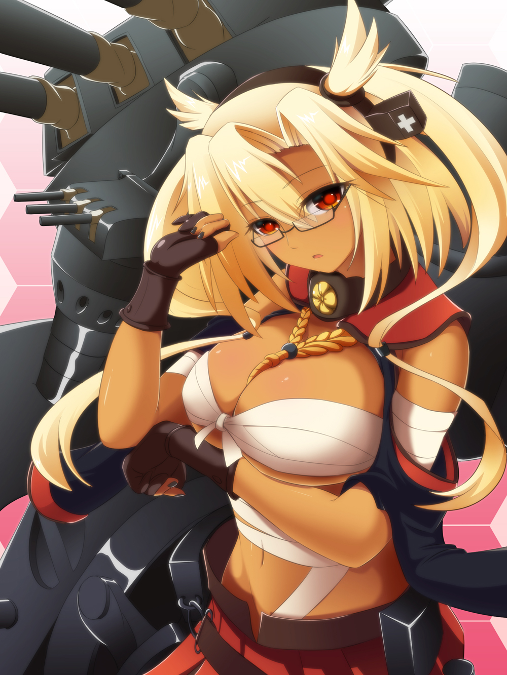 arm_wrap black_nails blonde_hair breast_hold breasts cannon cape cleavage dark_skin fingerless_gloves glasses gloves headgear hex_grid highres kantai_collection large_breasts midriff musashi_(kantai_collection) nail_polish pleated_skirt pointy_hair red_eyes saboten_teishoku sarashi short_hair skirt solo turret two_side_up