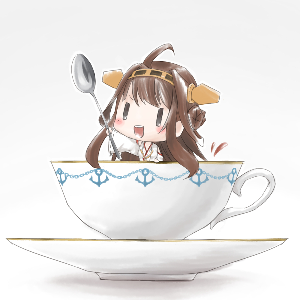 brown_hair chibi cup detached_sleeves double_bun hair_ornament hairband kantai_collection kongou_(kantai_collection) kusu_(silverlynx) nontraditional_miko solo spoon teacup ||_||