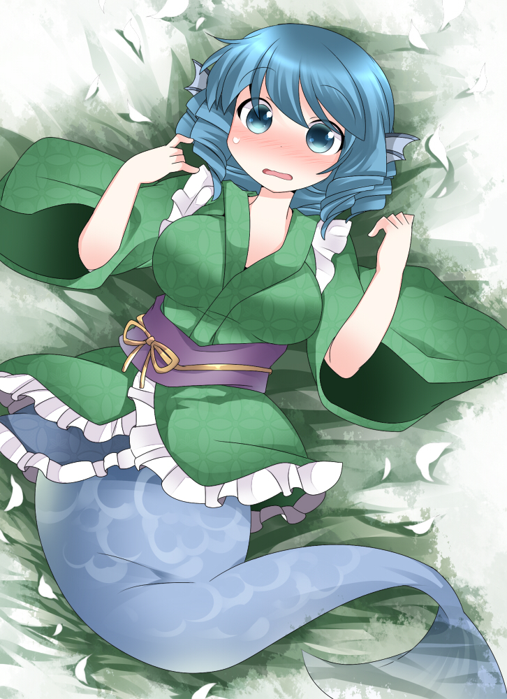 blue_eyes blue_hair breasts cleavage commentary drill_hair hammer_(sunset_beach) head_fins japanese_clothes kimono large_breasts long_sleeves looking_at_viewer lying mermaid monster_girl obi on_back open_mouth sash short_hair solo touhou unmoving_pattern wakasagihime wide_sleeves