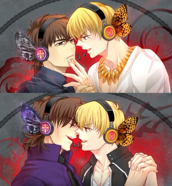 blonde_hair brown_eyes butterfly_wings dual_persona face-to-face fate/stay_night fate/zero fate_(series) gilgamesh headphones kotomine_kirei magnet_(vocaloid) multiple_boys older parody red_eyes sunday31 vocaloid wings younger