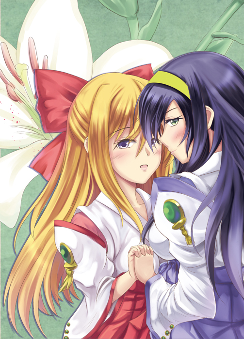 blonde_hair blue_hair bow floral_background flower hair_bow hairband himemiya_chikane holding_hands interlocked_fingers japanese_clothes kannazuki_no_miko kurusugawa_himeko lily_(flower) long_hair miko multiple_girls open_mouth parted_lips ryo_(sora-ryu) sideways_glance smile yellow_hairband yuri