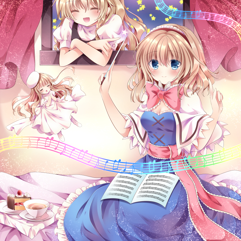 adapted_costume alice_margatroid baton_(instrument) beamed_eighth_notes blonde_hair blue_eyes blush bow breasts cake capelet cleavage closed_eyes cup eighth_note food hairband kirisame_marisa long_hair medium_breasts multiple_girls musical_note nogi_takayoshi open_mouth quarter_note shanghai_doll sheet_music short_hair sitting smile staff_(music) touhou window