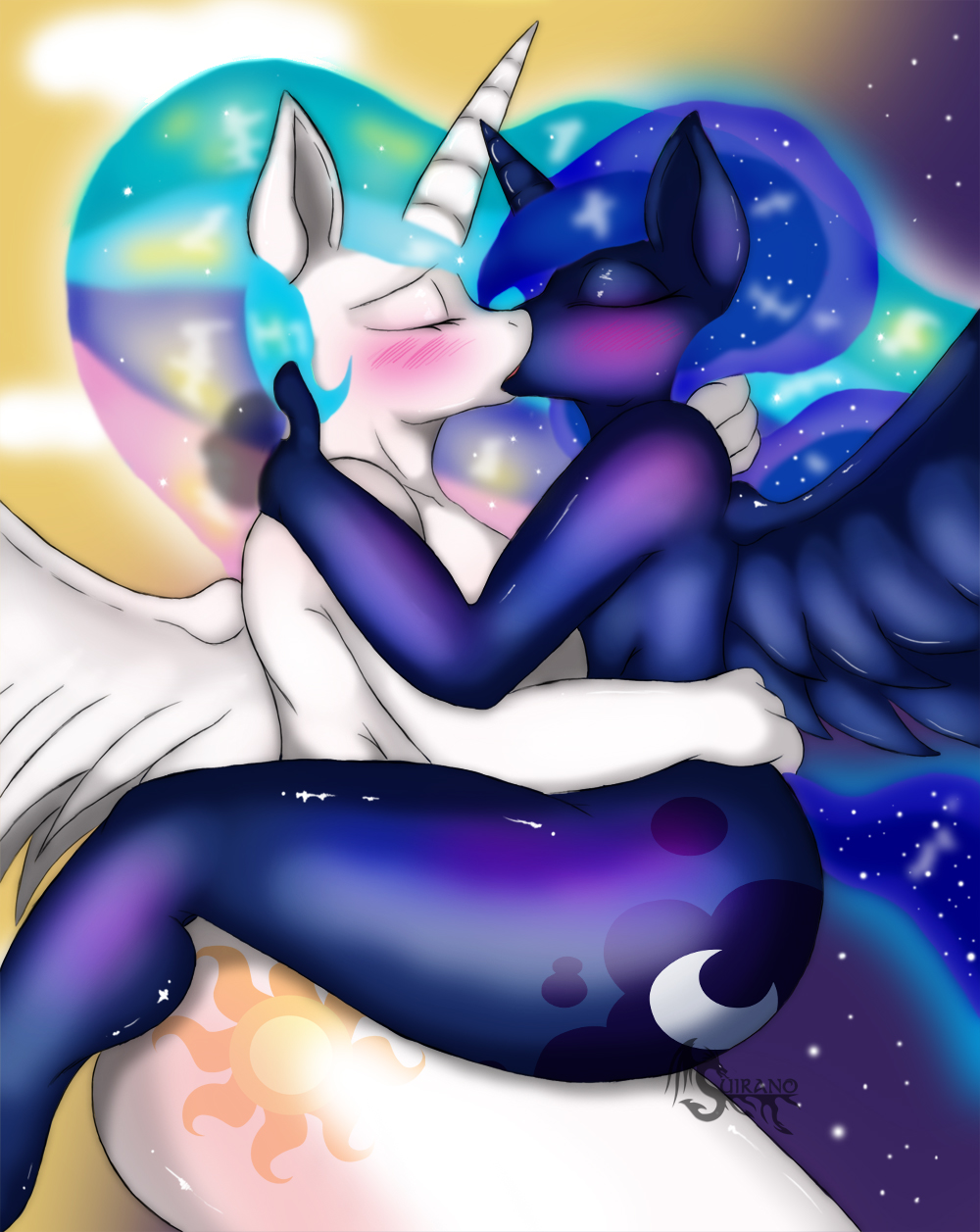 anthro anthrofied blue_fur blue_hair cutie_mark duo equine eyes_closed female friendship_is_magic fur hair holding horn horse incest kissing lesbian mammal multi-colored_hair my_little_pony princess_celestia_(mlp) princess_luna_(mlp) sibling sisters suirano white_fur winged_unicorn wings