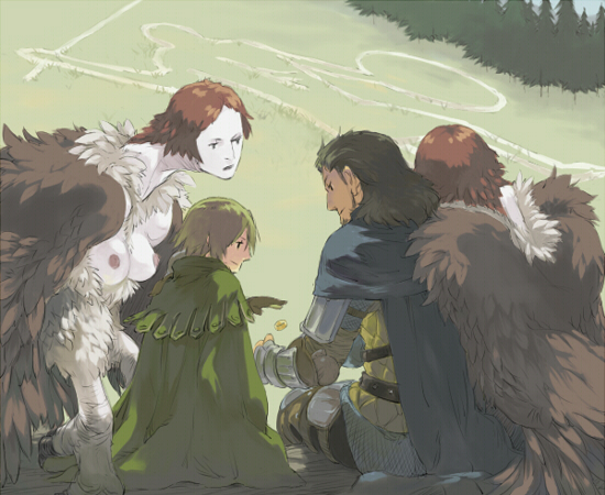 2girls arisen_(dragon's_dogma) armor bad_id bad_pixiv_id black_hair bracer breasts brown_hair cape coin dragon's_dogma facial_hair faruode feathered_wings feathers goatee harpy head_on_shoulder hill long_neck medium_breasts monster_girl multiple_boys multiple_girls nipples pauldrons pawn_(dragon's_dogma) red_hair white_skin wings