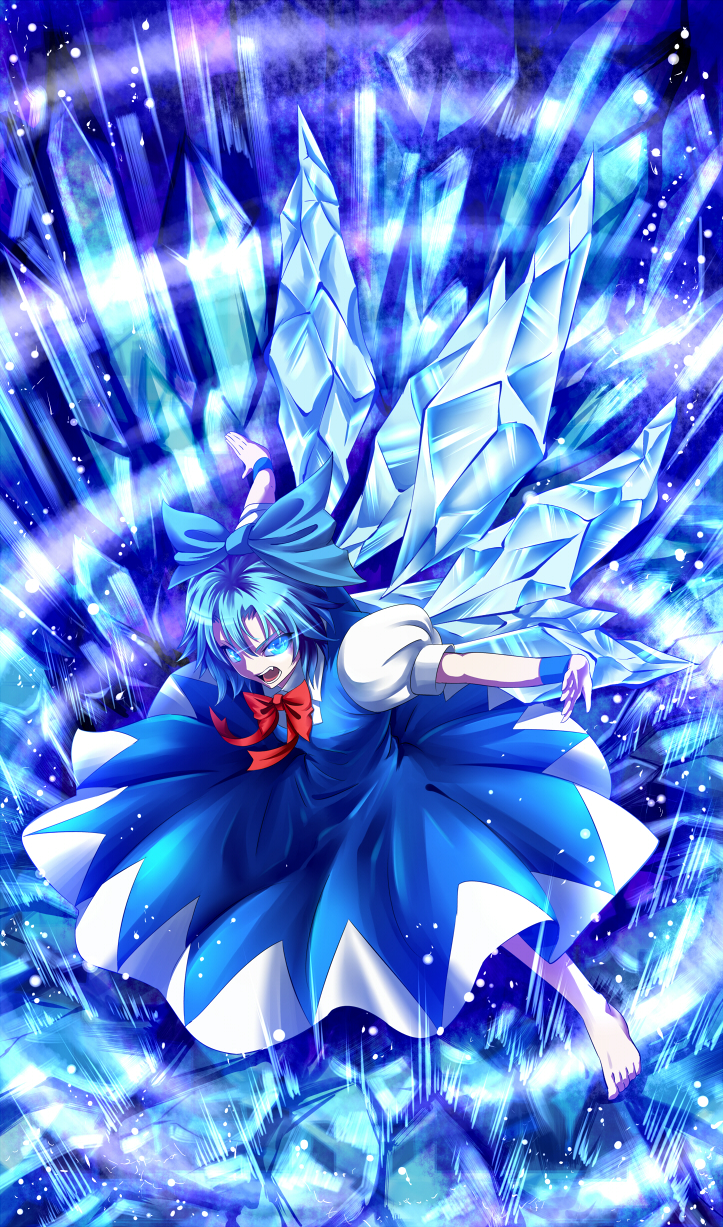 barefoot blue_dress blue_eyes blue_hair bow cirno dress fang glowing glowing_eyes hair_ribbon highres hijikawa_arashi ice ice_wings light_trail looking_at_viewer open_mouth outstretched_arms puffy_sleeves ribbon shirt short_sleeves sky solo touhou wings wrist_cuffs