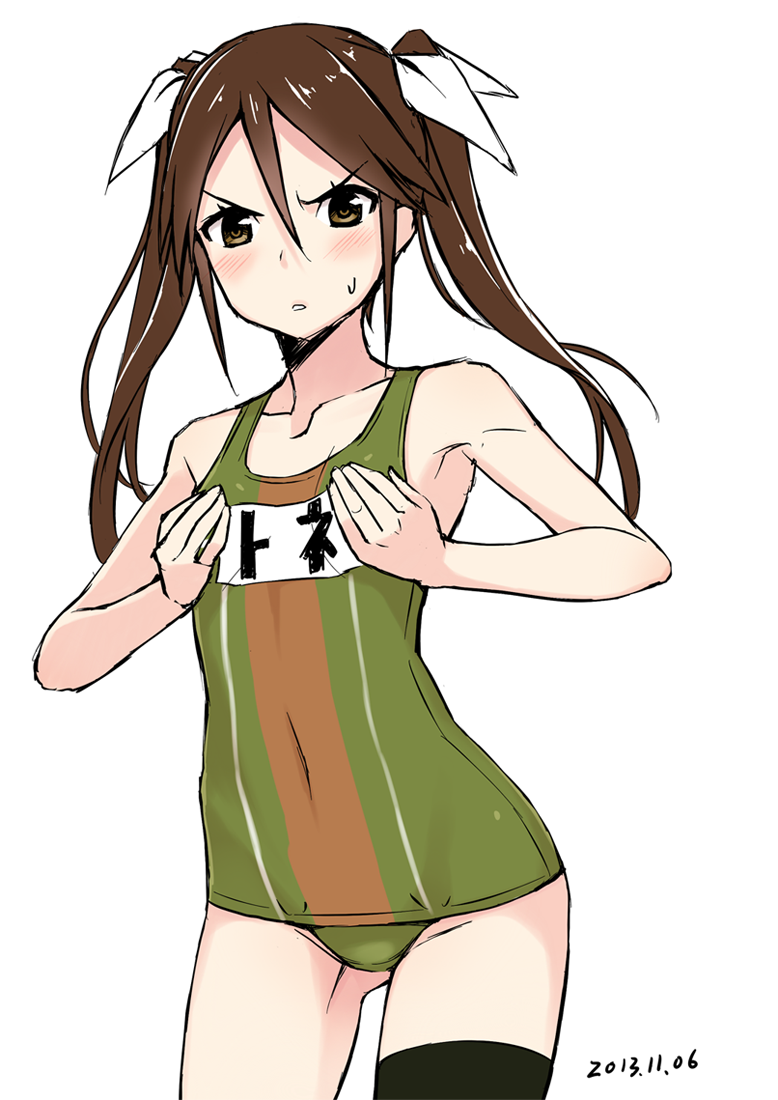 2013 alternate_color_school_swimsuit black_legwear blush brown_eyes brown_hair covered_navel dated gin_(ginshari) hair_ribbon kantai_collection long_hair looking_at_viewer one-piece_swimsuit ribbon school_swimsuit simple_background single_thighhigh solo swimsuit thighhighs tone_(kantai_collection) twintails white_background white_ribbon