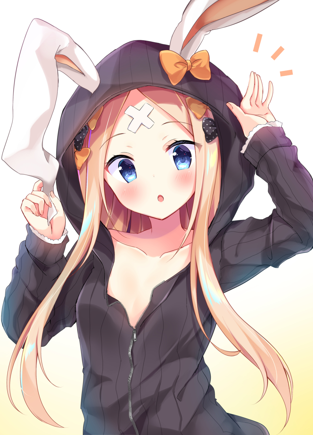 1girl :o abigail_williams_(fate/grand_order) animal_ears animal_hood arm_up bangs black_bow black_hoodie blonde_hair blue_eyes blush bow bunny_ears bunny_hood bunny_pose collarbone crossed_bandaids eyebrows_visible_through_hair fate/grand_order fate_(series) hair_bow hat highres hood hood_up hoodie long_hair long_sleeves looking_at_viewer masayo_(gin_no_ame) open_mouth orange_bow parted_bangs polka_dot polka_dot_bow simple_background sleeves_past_wrists solo upper_body very_long_hair white_background zipper zipper_pull_tab