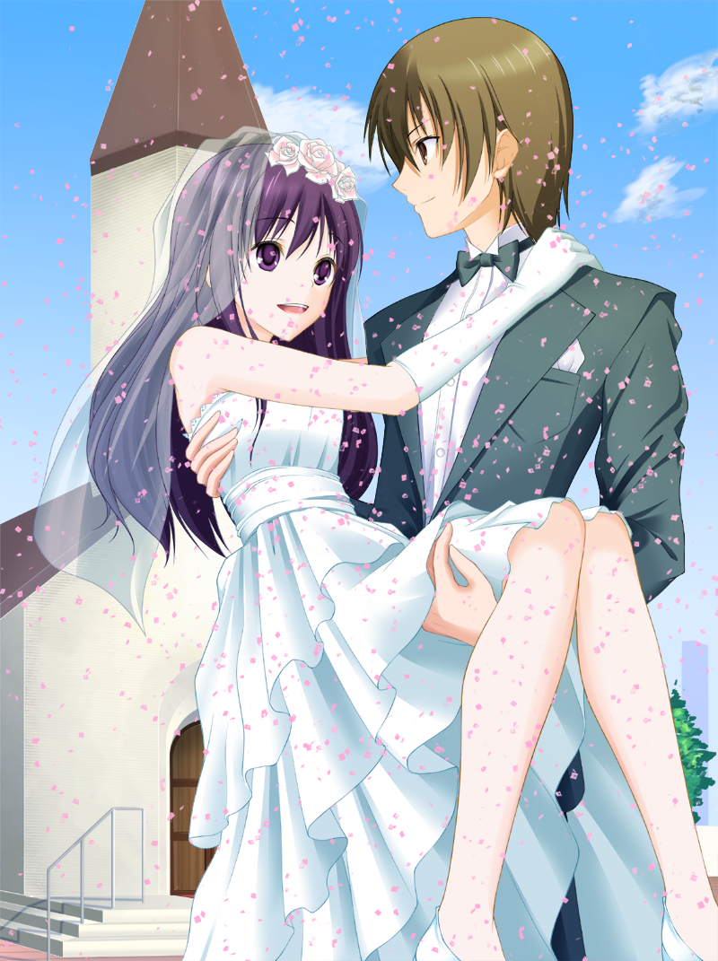 1boy 1girl artist_request bride carrying character_request couple dress eye_contact flower game_cg hair_flower hair_ornament long_hair looking_at_another paca_plus pacoproject petals princess_carry princess_hug purple_eyes purple_hair tsukasa_rin wedding wedding_dress white_dress