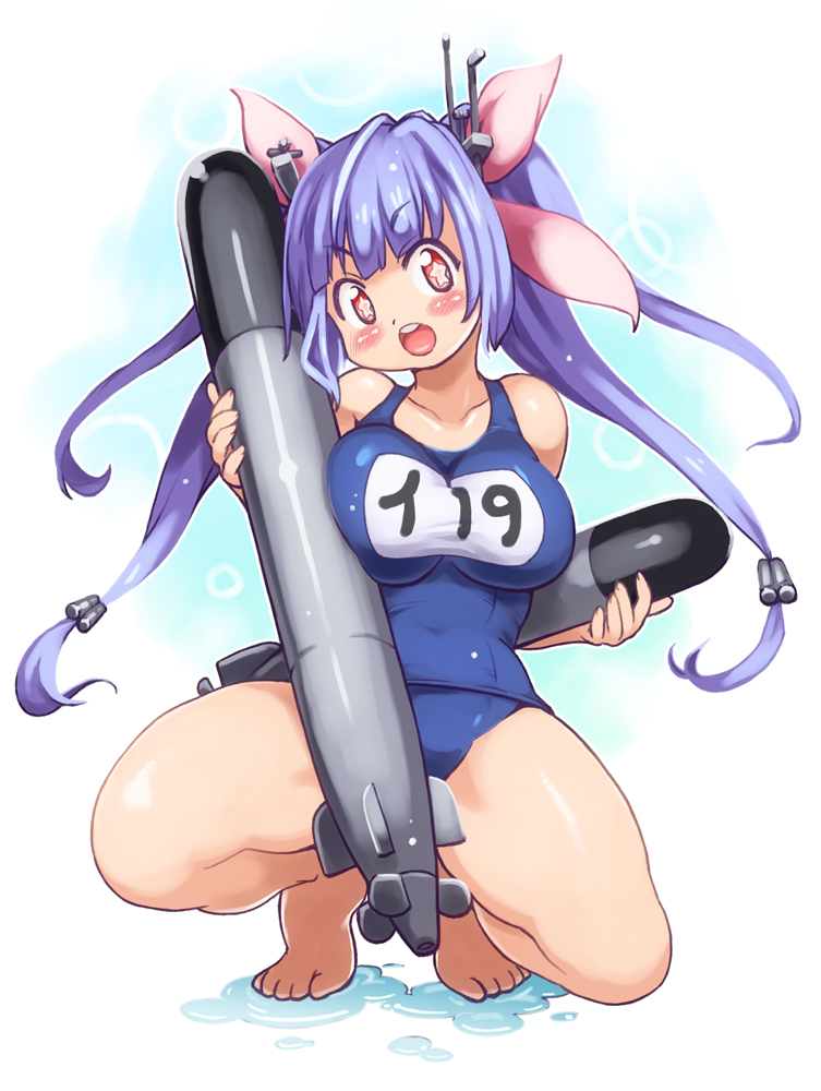 barefoot blue_hair breasts character_name feet i-19_(kantai_collection) kantai_collection large_breasts long_hair one-piece_swimsuit pink_eyes school_swimsuit solo squatting star star-shaped_pupils swimsuit symbol-shaped_pupils torpedo twintails yu_3