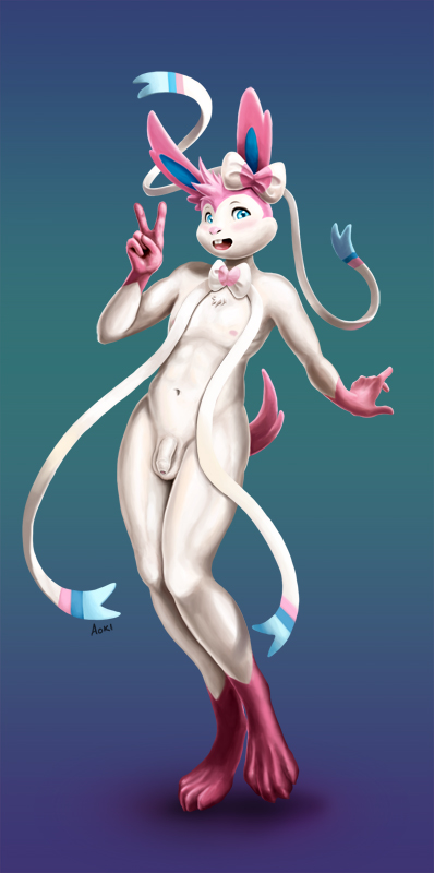 :d anthro anthrofied aokichan balls barefoot blue_eyes bow canine eeveelution flaccid fur happy looking_at_viewer male mammal muscles navel nintendo nipples nude open_mouth peace pecs penis pink_fur plain_background pok&#233;mon pok&eacute;mon raised_arm raised_leg shadow shiny smile solo standing sylveon teal_background tongue v_sign video_games white_eyes white_fur