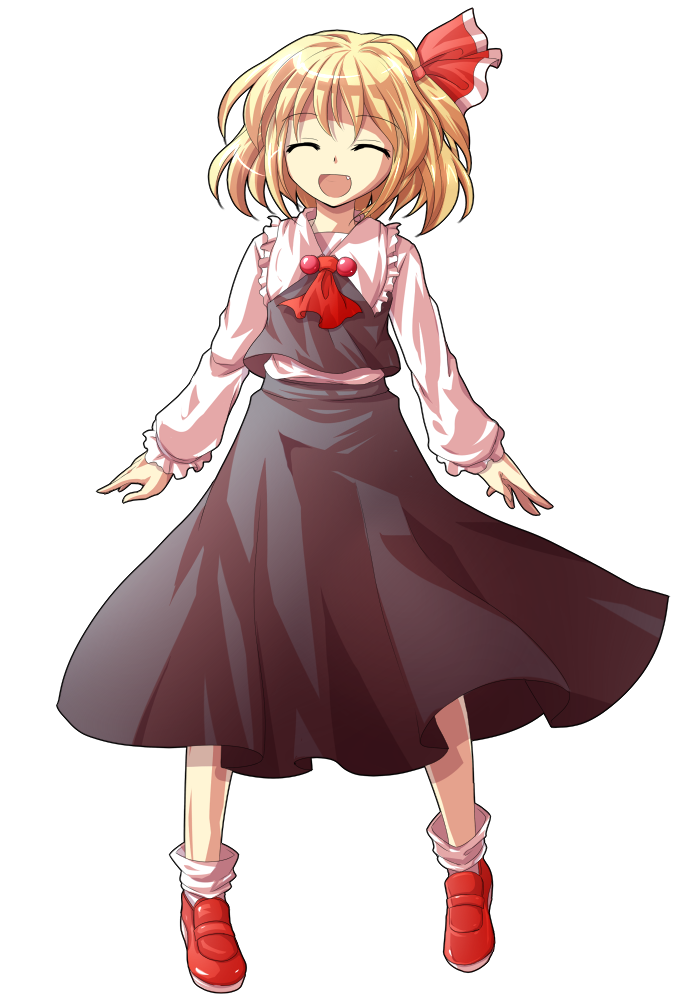 ^_^ ^o^ alphes_(style) arms_at_sides blonde_hair blouse closed_eyes dairi fang full_body hair_ornament hair_ribbon happy open_mouth parody red_footwear ribbon rumia shoes short_hair smile style_parody touhou transparent_background vest