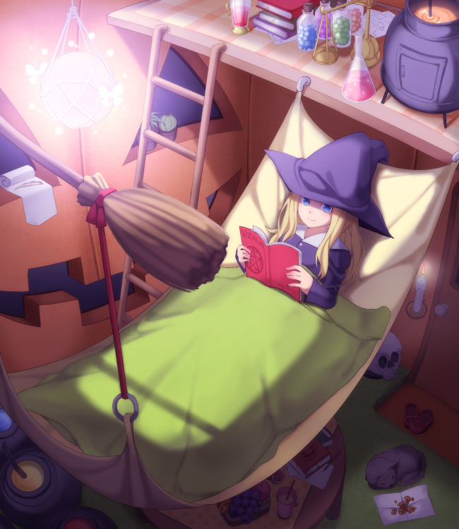 beaker blanket blonde_hair blue_eyes book broom cat cauldron cup flask food fruit grapes hammock hat itou_(mogura) jack-o'-lantern light long_hair original pentagram potion reading skull solo table witch witch_hat