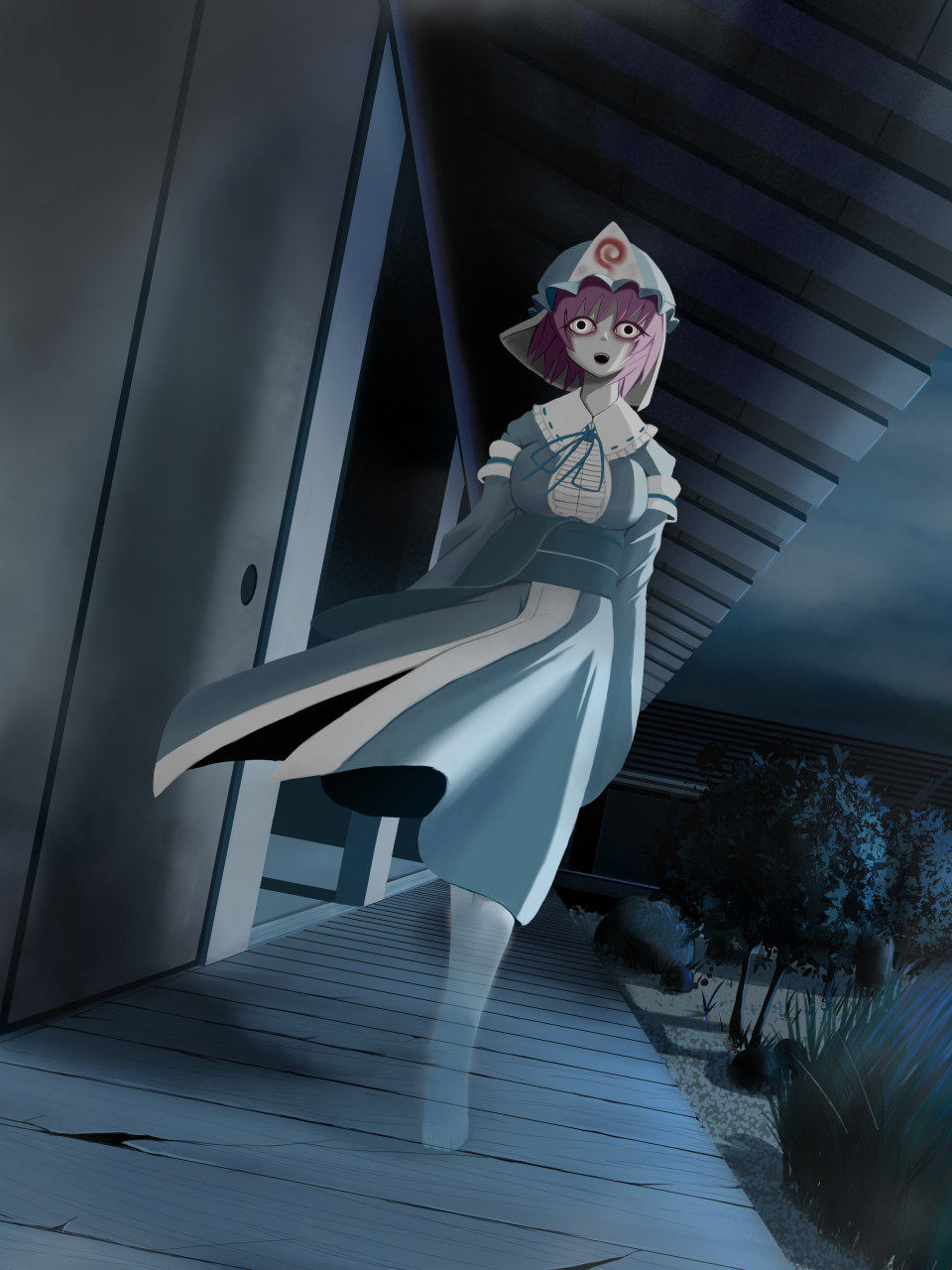 bad_id bad_pixiv_id banned_artist breasts cloud cloudy_sky empty_eyes floating ghost grass highres horror_(theme) japanese_clothes kimono large_breasts looking_at_viewer night night_sky okahi open_mouth pink_hair porch saigyouji_yuyuko short_hair sky touhou transparent tree triangular_headpiece