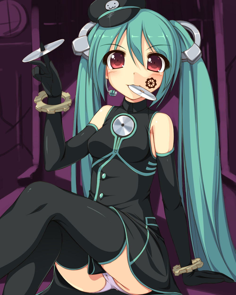 elbow_gloves gears gloves green_hair hat hatsune_miku headset highres kageira long_hair mouth_hold panties pantyshot pantyshot_(sitting) peaked_cap project_diva_(series) project_diva_f red_eyes sadistic_music_factory_(vocaloid) sitting solo thighhighs twintails underwear very_long_hair vocaloid