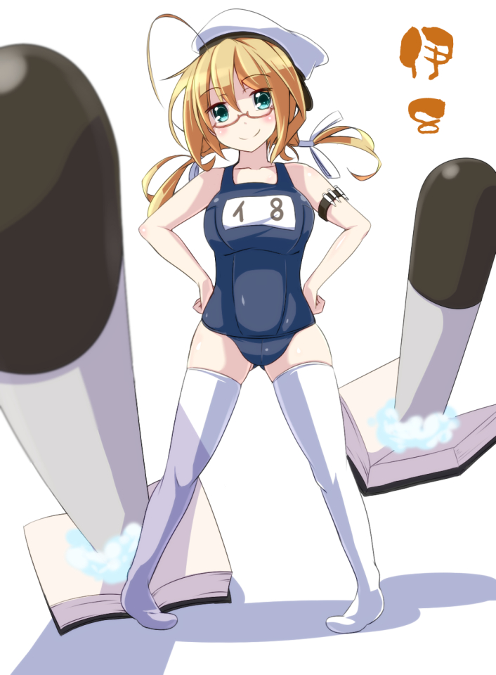 blonde_hair blue_eyes book hat i-8_(kantai_collection) kantai_collection kichihachi long_hair looking_at_viewer one-piece_swimsuit school_swimsuit solo swimsuit thighhighs torpedo twintails white_background white_legwear