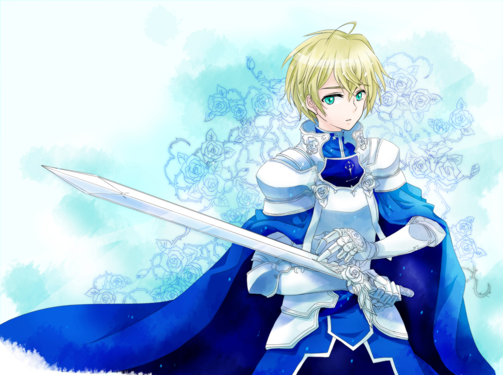 armor blonde_hair blue_rose_sword eugeo green_eyes lime_(pixiv) short_hair sword sword_art_online weapon