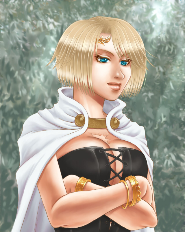 arisen_(dragon's_dogma) arusha bangle blonde_hair blue_eyes bracelet breasts bustier cape circlet cleavage crossed_arms dragon's_dogma jewelry large_breasts lips nose scar solo