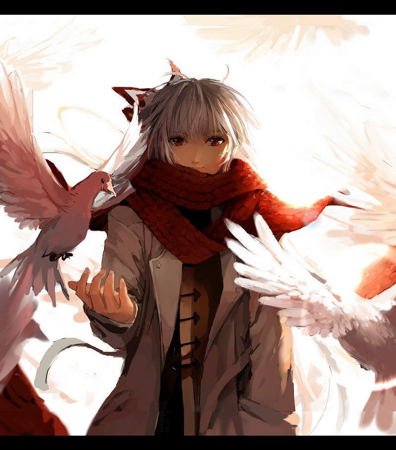 alternate_costume backlighting bad_id bad_pixiv_id bird bow coat fancybetty fujiwara_no_mokou hair_bow hand_in_pocket letterboxed long_sleeves looking_at_viewer open_clothes open_coat pigeon red_eyes scarf silver_hair smile solo touhou
