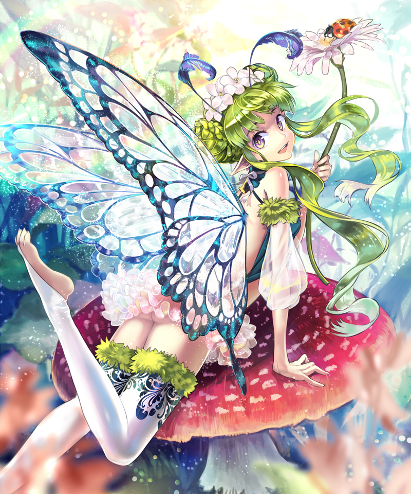 :d antennae ass bare_shoulders barefoot blurry blush bug butterfly_wings depth_of_field detached_sleeves double_bun dress fairy feet flower gloves green_hair hair_ornament head_tilt insect ladybug long_hair looking_at_viewer looking_back mushroom open_mouth osamu_(jagabata) pointy_ears purple_eyes shingoku_no_valhalla_gate sidelocks smile solo thighhighs toeless_legwear white_legwear wings