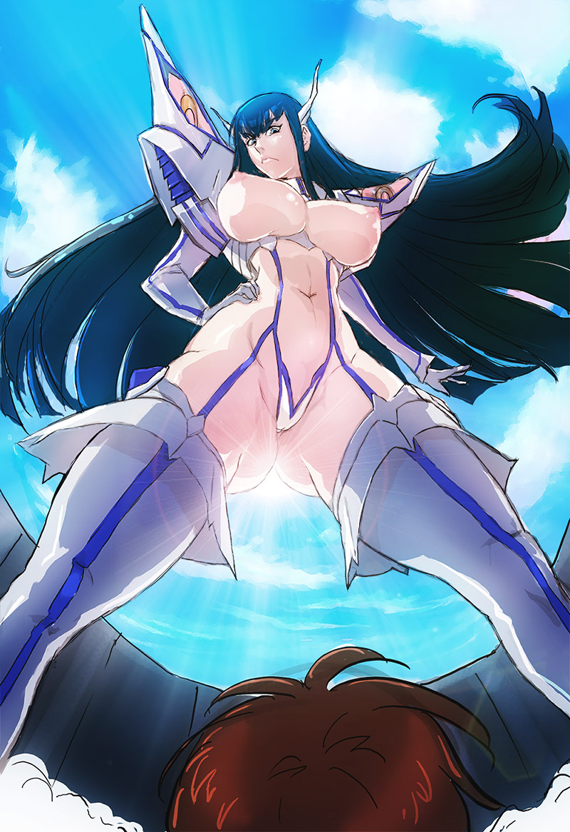 black_hair blue_eyes blue_sky boots breastless_clothes breasts day elbow_gloves from_below gloves hand_on_hip headgear junketsu kill_la_kill kiryuuin_satsuki komoesuta_coin large_breasts long_hair navel nipples pauldrons perspective revealing_clothes sky solo_focus thigh_boots thighhighs thrusters