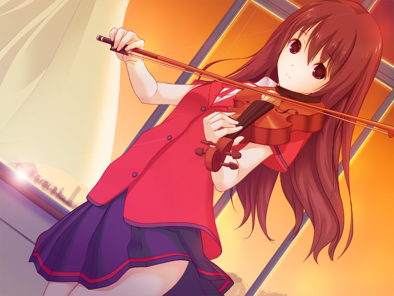 1girl alpaca artist_request brown_eyes brown_hair character_request curtain curtains dutch_angle female game_cg grass hair instrument light_smile long_hair looking_at_viewer paca_plus pacoproject pleated_skirt purple purple_hair school_uniform short_sleeves skirt skirt_lift smile solo standing tsukasa_rin twilight violin wind window