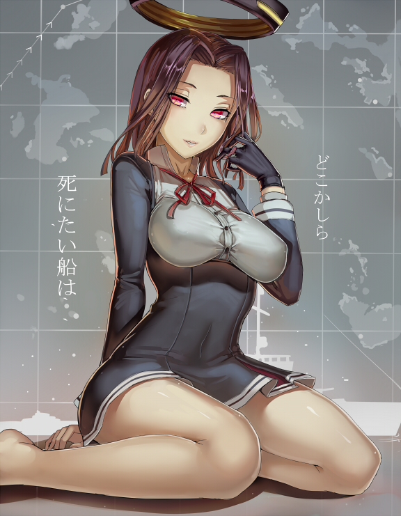 bare_legs barefoot black_dress black_gloves breasts brown_hair dress gloves hand_in_hair kantai_collection large_breasts left-to-right_manga long_sleeves looking_at_viewer map mechanical_halo pink_eyes short_dress silver_hair sitting solo tatsuta_(kantai_collection) translated walzrj