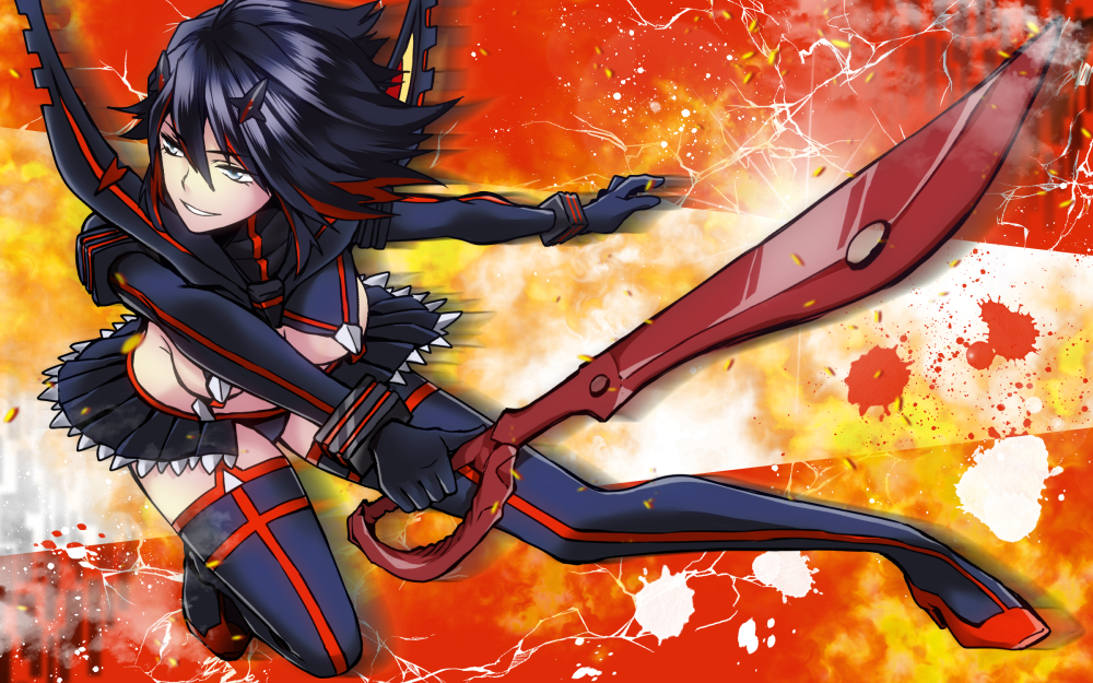 1girl black_hair blue_eyes boots breasts high_heel_boots high_heels kill_la_kill matoi_ryuuko multicolored_hair short_hair skirt thigh_boots thighhighs weapon