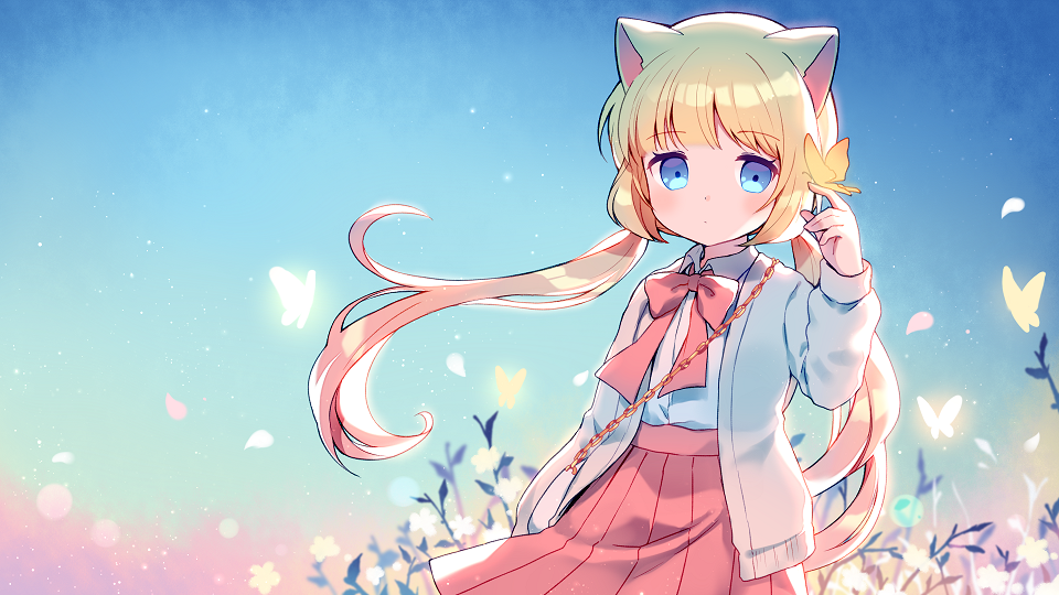 1girl animal animal_ears animal_on_hand bag blonde_hair blue_eyes blue_sky blush bow bug butterfly butterfly_on_finger cat_ears closed_mouth collared_shirt commentary commission day english_commentary flower grey_jacket hand_up insect jacket long_hair looking_at_viewer low_twintails mechuragi open_clothes open_jacket original outdoors pleated_skirt red_bow red_skirt shirt shoulder_bag skirt sky solo twintails very_long_hair white_flower white_shirt