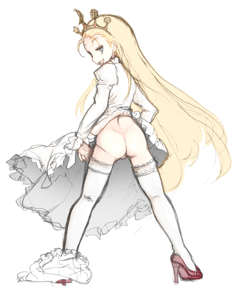 ass blonde_hair bloomers bloomers_around_one_leg blue_eyes butt_crack commentary_request crown cyberbots devilot_de_deathsatan_ix dress dress_lift forehead from_behind full_body hair_ornament hair_slicked_back high_heels juliet_sleeves kedamono_kangoku-tou long_hair long_sleeves looking_at_viewer looking_back open_mouth puffy_sleeves red_footwear shoes simple_background smile solo standing thighhighs tiara underwear very_long_hair white_background white_dress white_legwear