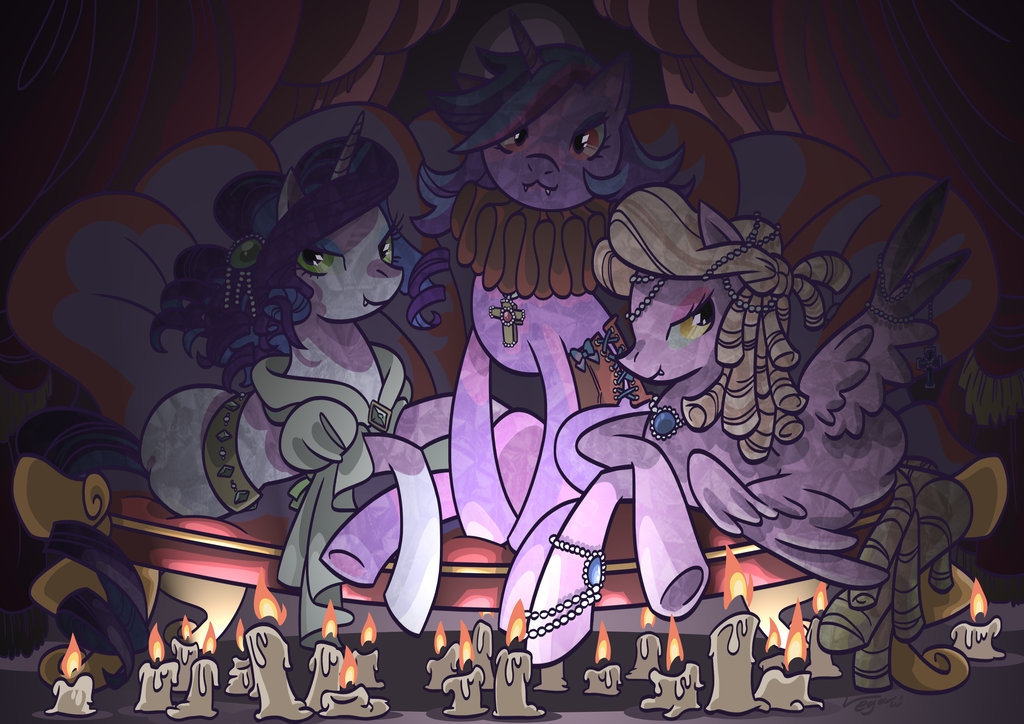 bow candle clothing collar corset cross equine fangs female feral fire flames friendship_is_magic fur green_eyes group hair horn horse inside jewelry long_hair looking_at_viewer mammal my_little_pony necklace original_character pegasus pony purple_fur purple_hair rarity_(mlp) shire shirt smile sofa teeth unicorn vampire veganya white_fur wings